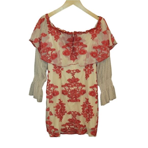 Forever Unique Rosier Frill Lace Foral Embroidered Holiday Dress Red Nude Tan 12 - Picture 5 of 11